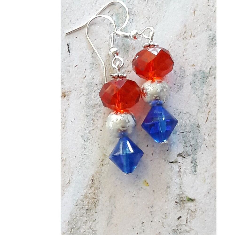 Cute Quirky Red Glass Dangle French Hook earrings Blue earrings RedWhiteBl 418■